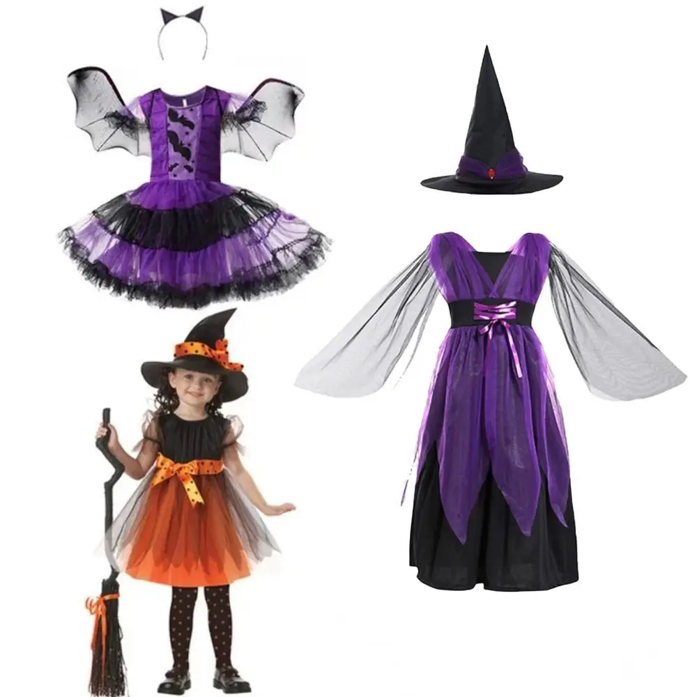 

Kawaii Childern Halloween Costumes Wizard Pointy Hat Witch Dress Set Costume Cosplay Props Bright Color