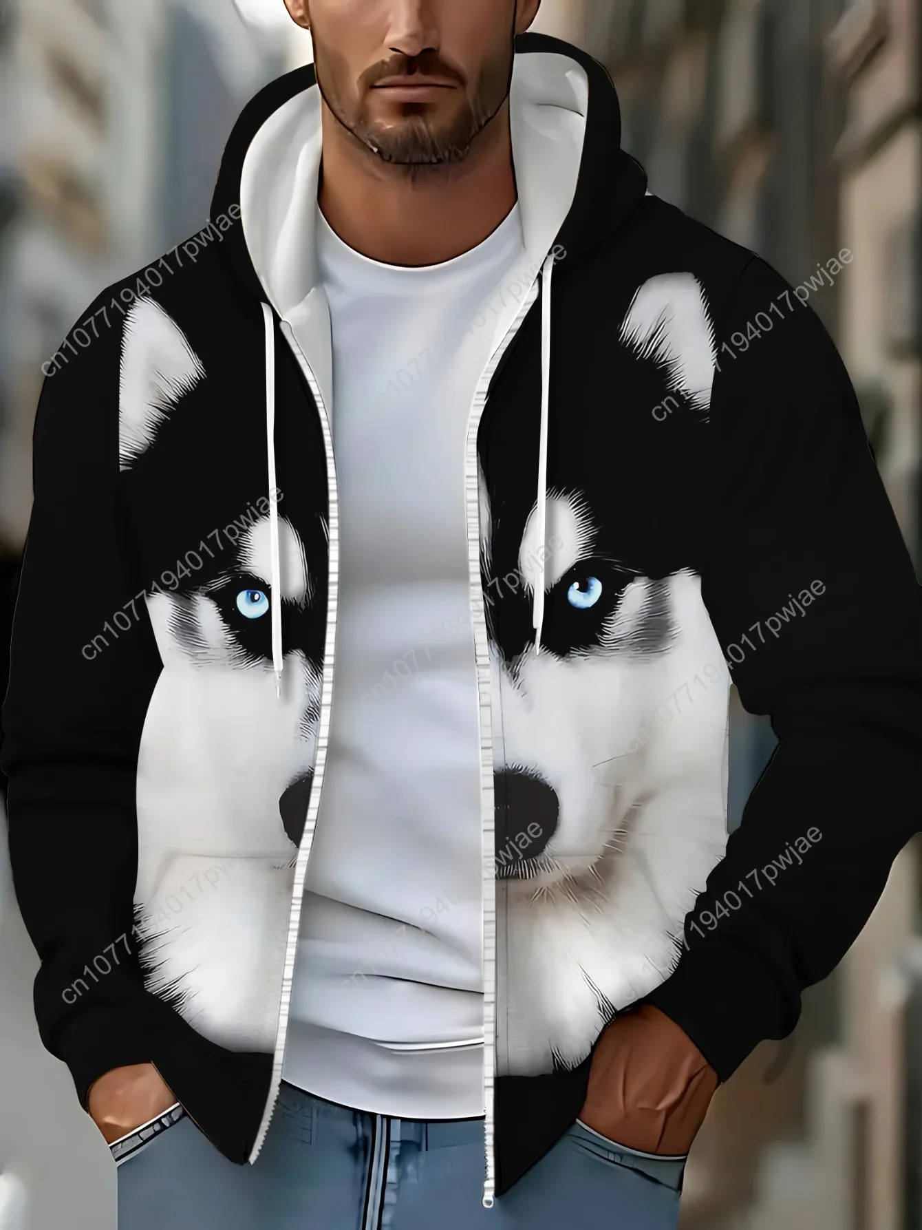 Sudadera con capucha con estampado de Husky 3D para hombre: acogedora sudadera de poliéster con mangas largas, diseño liviano y duradero para uso informal, al aire libre