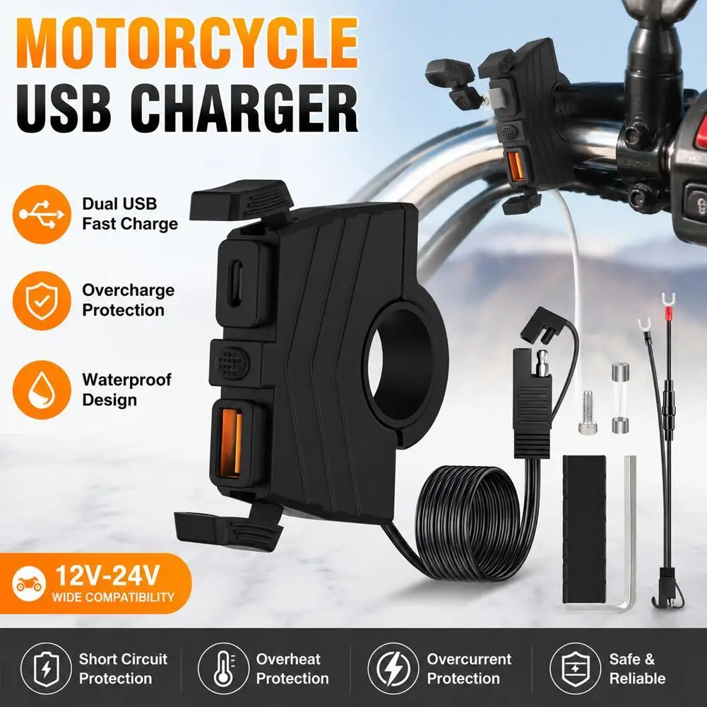 36W PD QC3.0 Motorcycle 12V Fast Charger Motor Handlebar Waterproof Type-C USB-A Port Socket Connector With Switch/LED Light