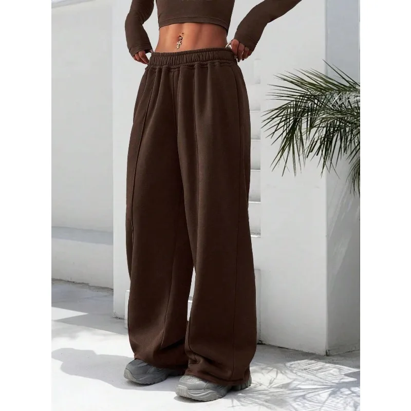 حجم كبير 1XL-5XL جديد المرأة اللياقة البدنية Sweatpants واسعة الساق مستقيم عادية عالية الخصر بلون السراويل الرياضية