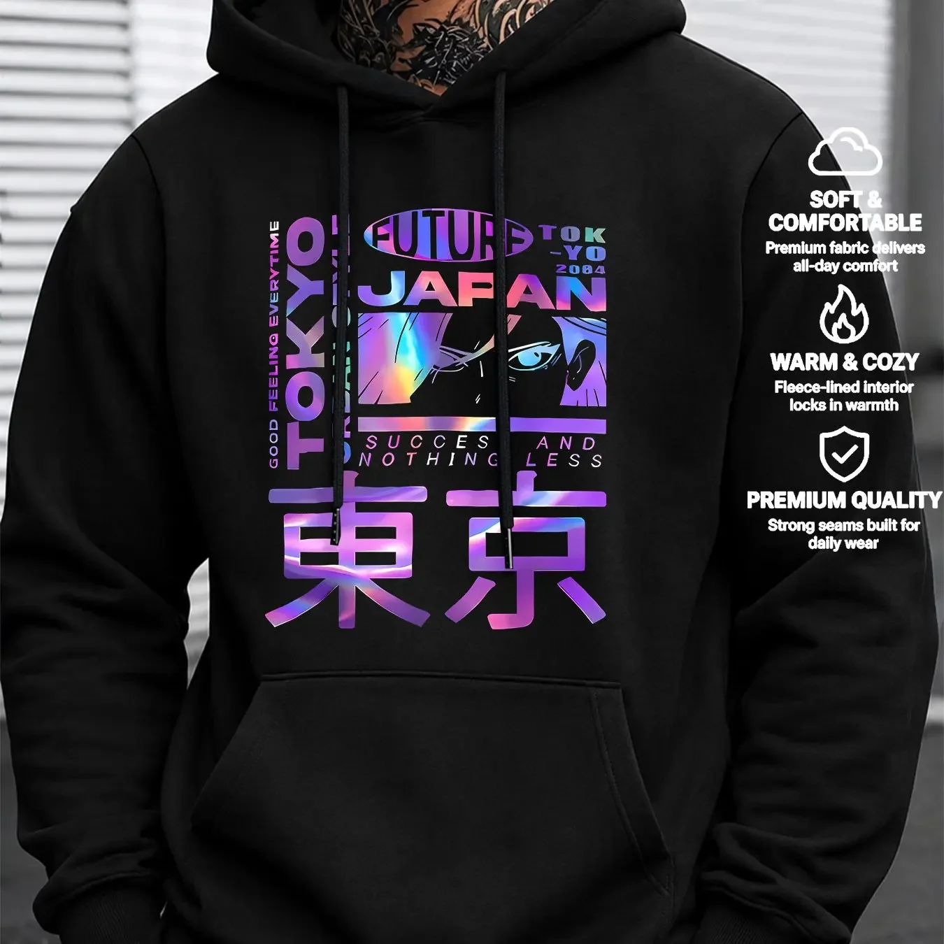Men's Hooded Tokyo Japanese-Style Iridescent Gradient City Trend Print European and American Urban Style Casual Sweatshirt