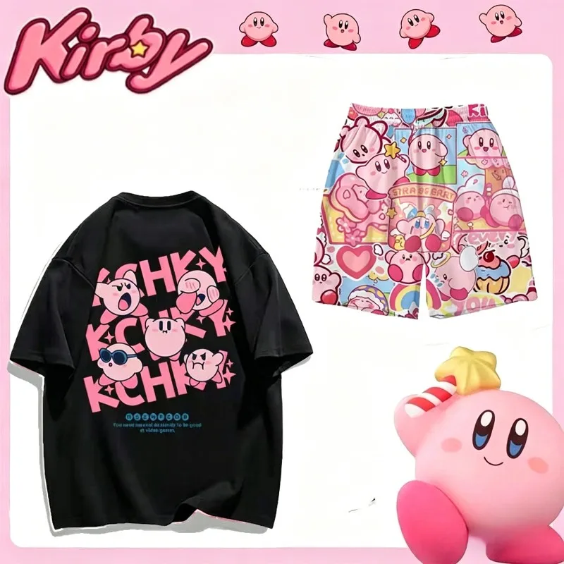 Niedliches 2-teiliges Loungewear-Set mit Kirby-Motiv, Familien-Cartoon-Anime-Print, übergroßes T-Shirt + Shorts, lässige Homewear, Sommer-Outfit für Teenager