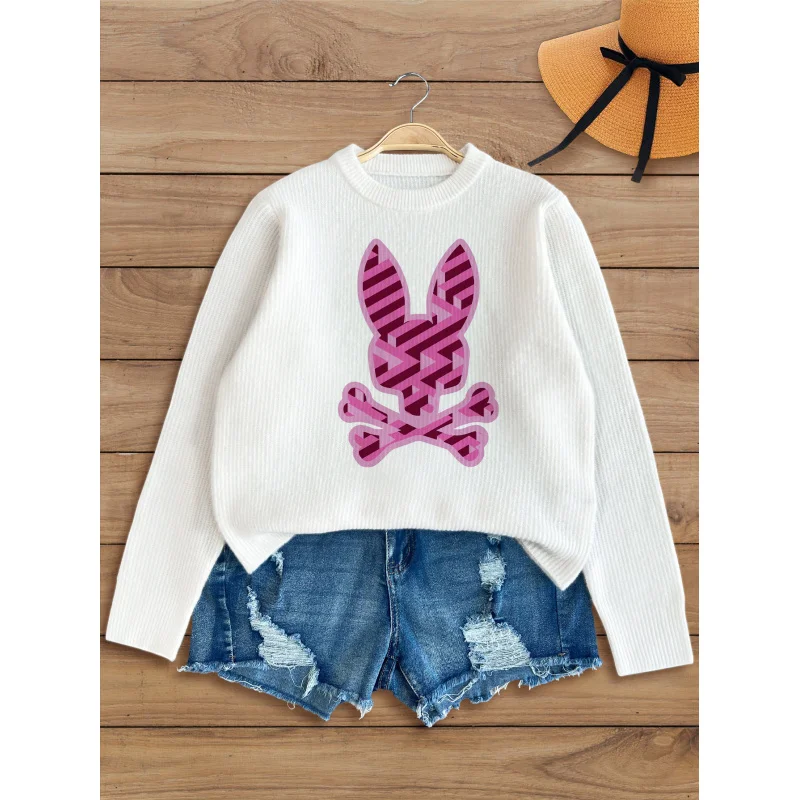 

Purple Skull Rabbit Print Knit Cardigan Women's Autumn Winter Button-Up Sweater, Loose Fit, Warm Casual Fashion Gift