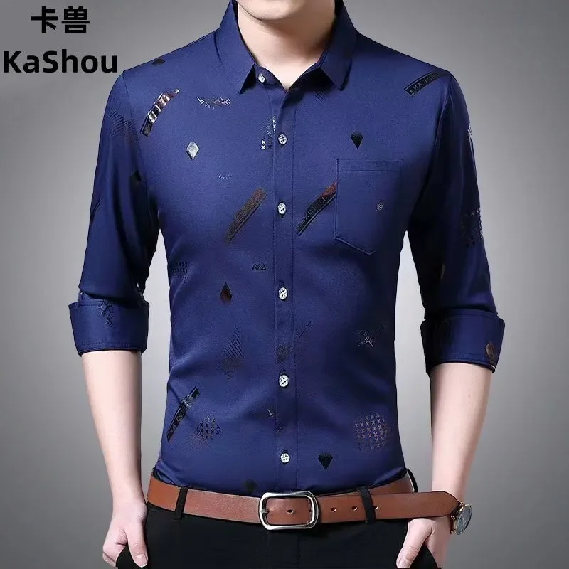 

Men's Fashion Printed Long Sleeve Shirt Casual Business Slim Fit Lapel Button Down Blouse with Chest Pocket