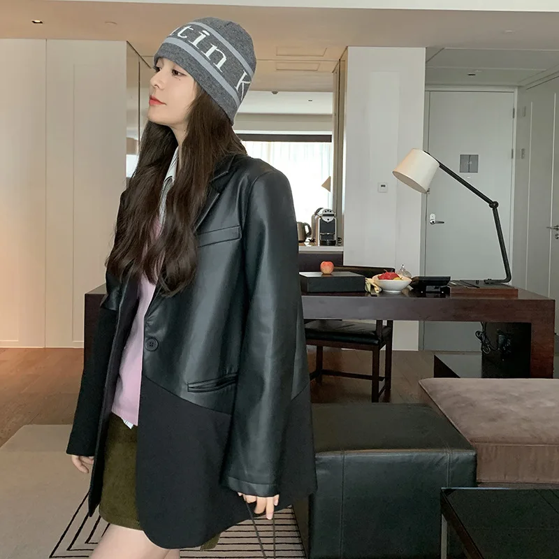 

Black pu leather spliced suit jacket women's Korean Style Slim Fit Blazers for Women Long Sleeve Casual Office Lady Suit Blazer
