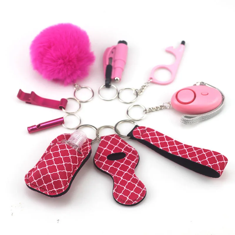 10 Piece Outdoor Women Self Defense Flashlight Alarm Set Keychain Jewelry Accessories Bottle Convenient Hair Ball Pendant