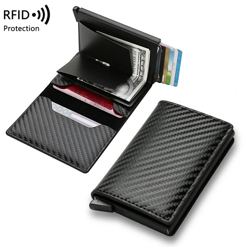 Porte-cartes en fibre de carbone pour homme, portefeuille RFID, mince, minimaliste, boîte en aluminium, étui à cartes, portefeuilles courts, conception à trois volets, pince à billets, sac à main