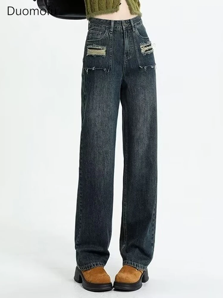 Duomofu azzurro Sexy Vintage allentato Jeans femminili dritti estate nuovi Jeans donna Slim a vita alta di base a vita alta Slim