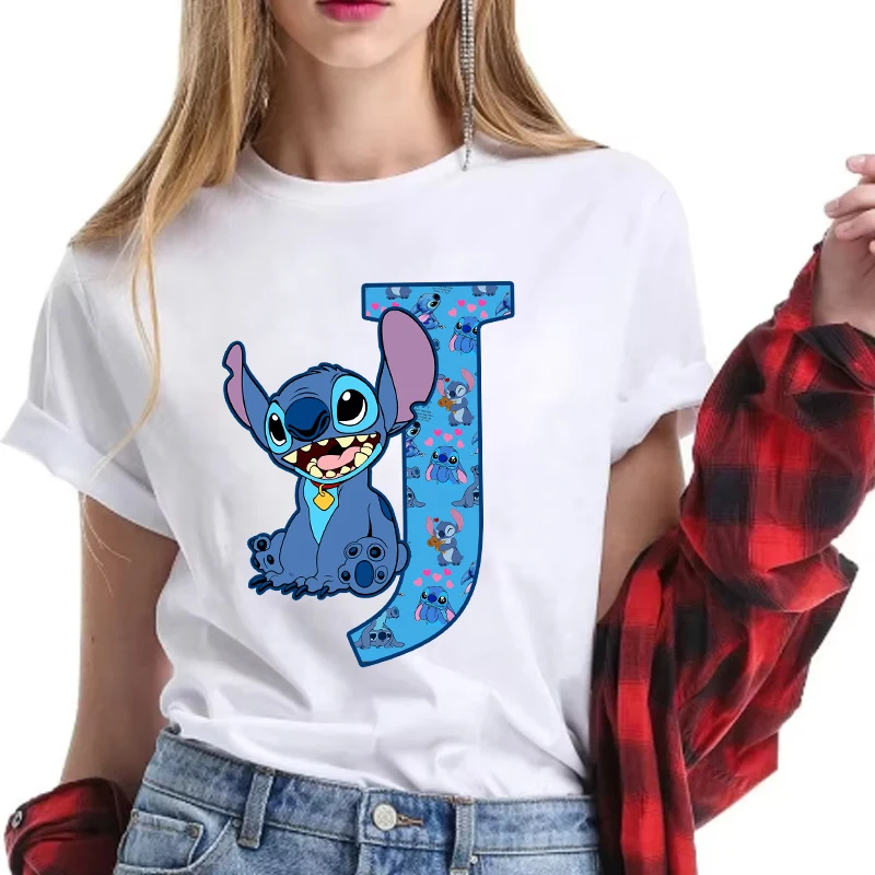 Disney Stitch Letter A-Z Printing T-shirts Women Anime Fashion Short Sleeved Shirt Ladies Summer Simple White Top Adult Clothes