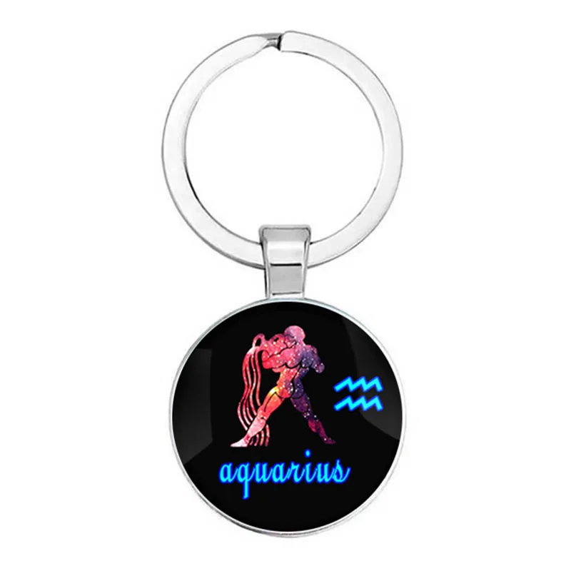 Creative 12 Constellation Keyring Time Stone Single sided Glass Metal Pendant Keychain Accessories Fashion Gift