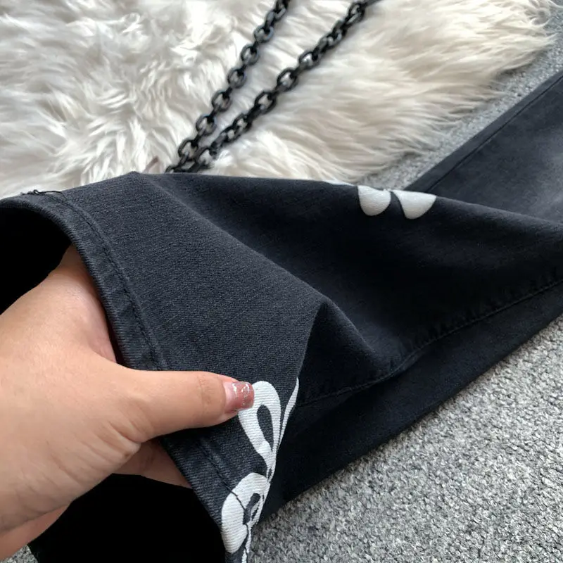 American Vintage Printing High Waist Skinny Flare Jeans Spring Summer Women Casual Versatile Slim Floral Straight Denim Pants