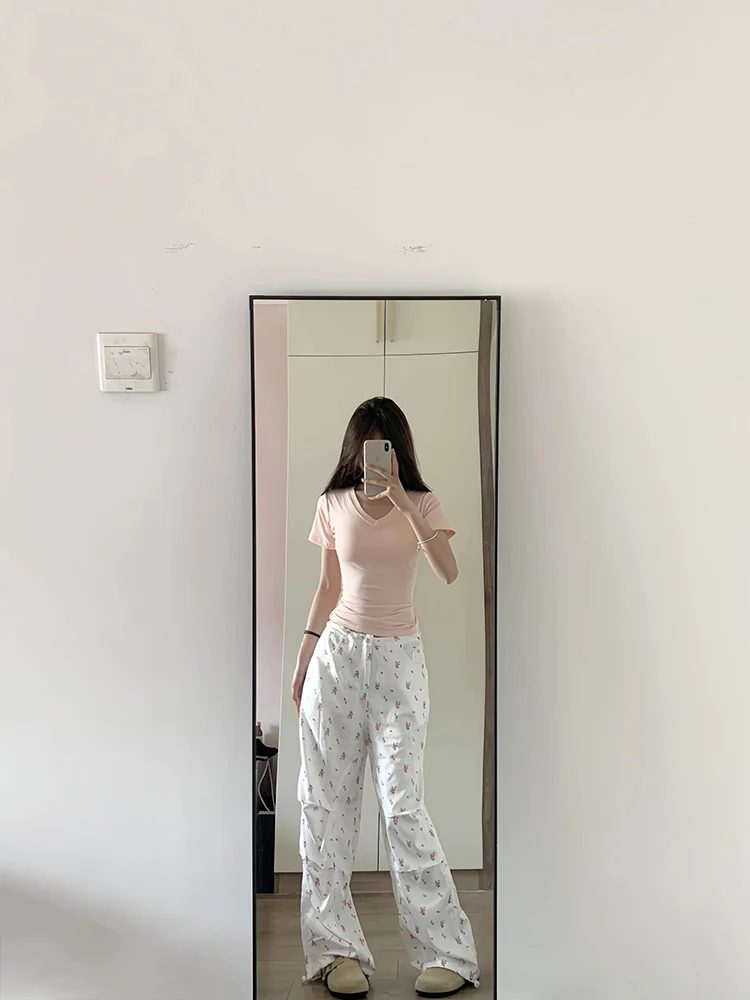 

Футболка из чистого хлопка V-Ne ort Sve, женская летняя базовая футболка с утягивающим поясом, универсальный модный повседневный топ