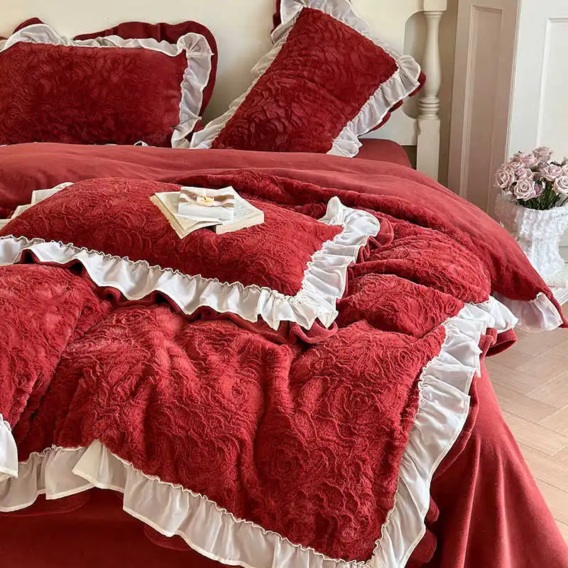 

Winter Rose Jacquard Velvet Wedding Bedding Set,Korean Style Wine Red Four Piece,Coral Fleece,High-end Gifts for Wedding