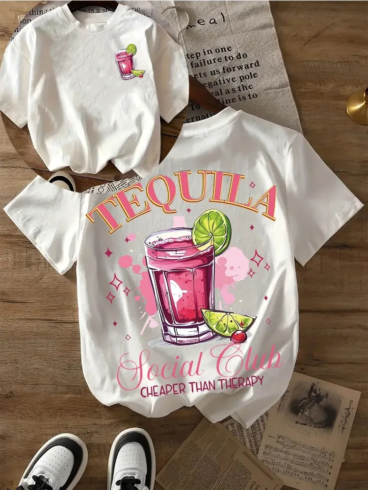 T-shirt décontracté pour femme avec motif Tequila double face, confortable, style streetwear, gris avec design Tequila rose