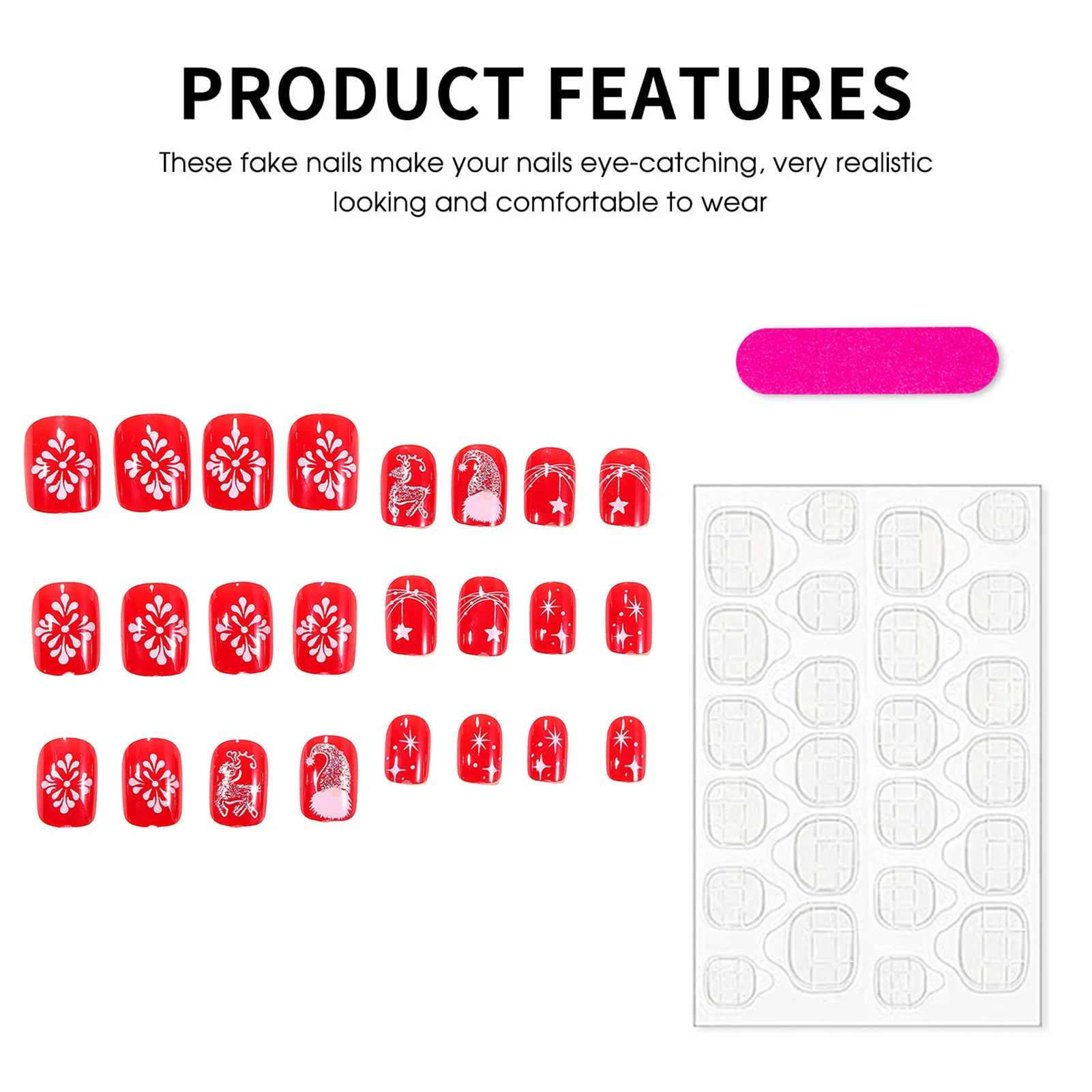 ضغط مربع قصير على الأظافر لحفلة عيد الميلاد، 24 قطعة من الأظافر المزيفة الحمراء الغزلان/ندفة الثلج/نجمة مطبوعة يمكن ارتداؤها فن الأظافر المزيفة #4