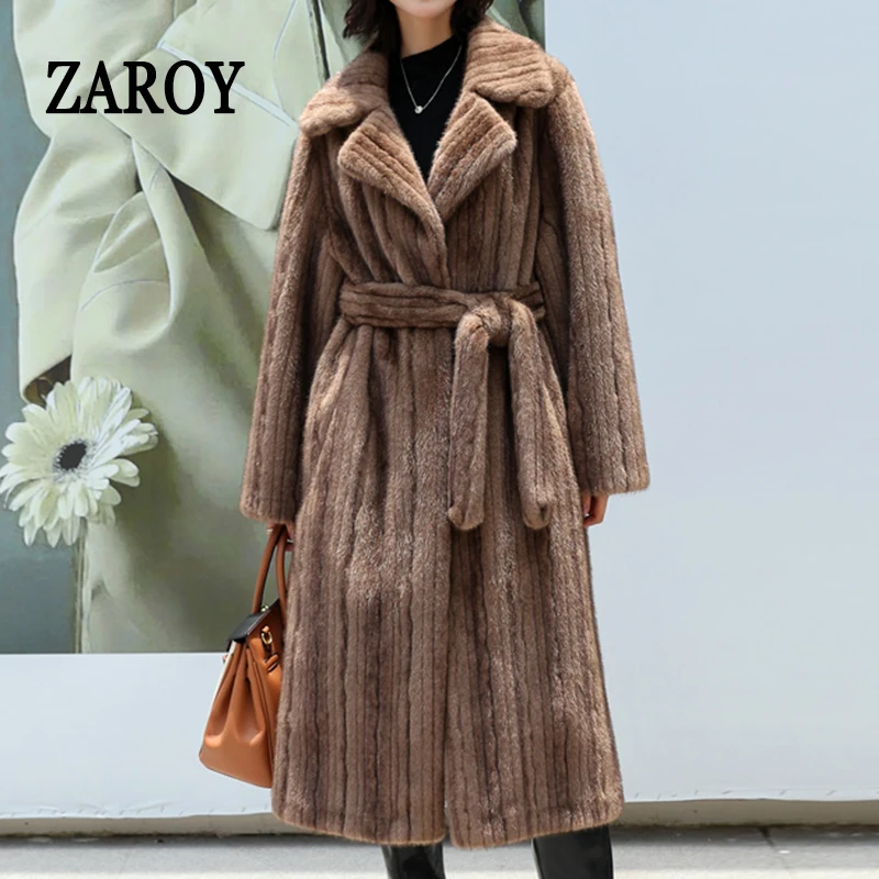

ZAROY Faux Mink Fur Long Coat Women 2025 Lapel Belted Winter Warm Fluffy Fur Overcoat Luxury Streetwear Brand Outerwear Overcoat