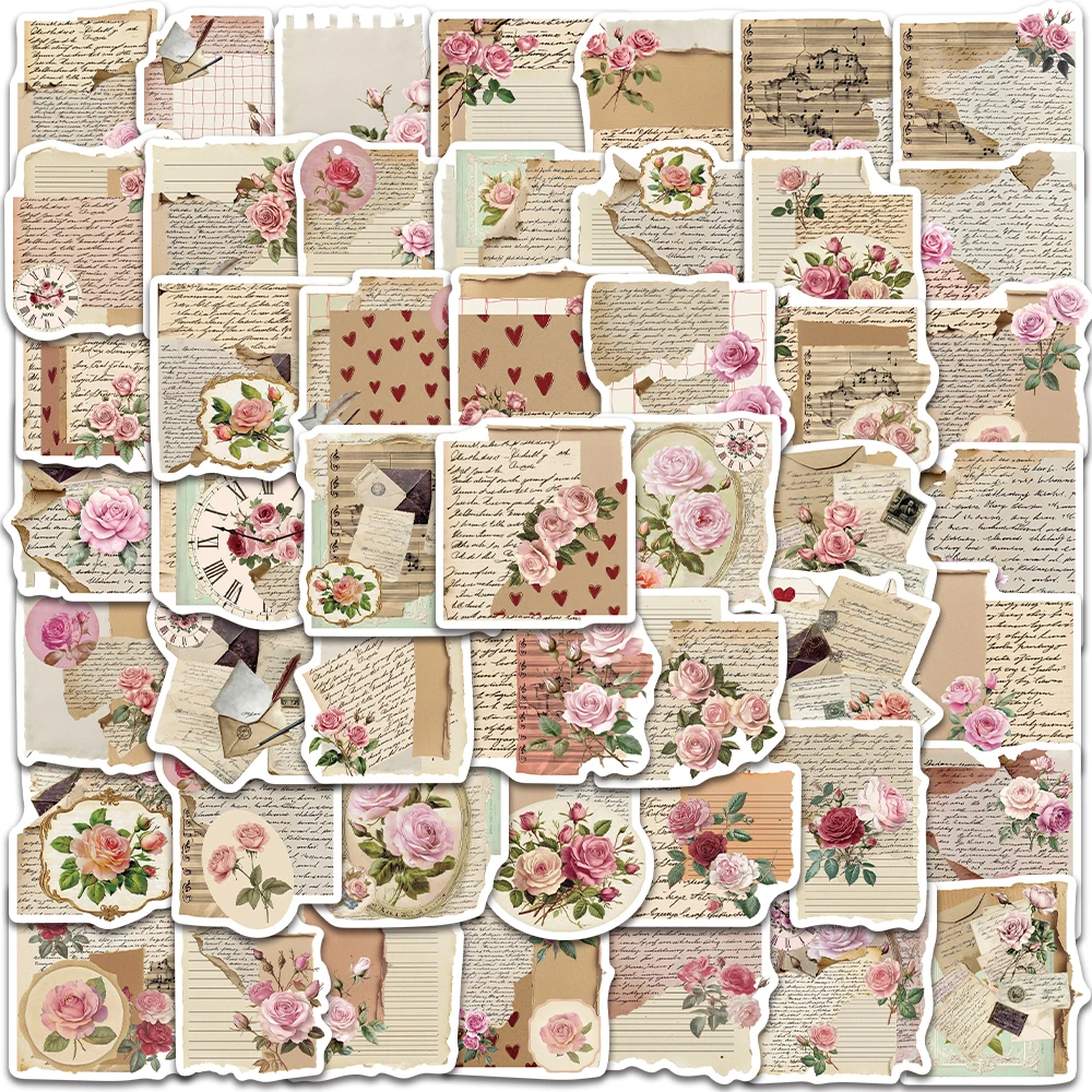 

50PCS Vintage Rose Scrapbook Stickers Waterproof Vinyl Decals Retro Paper Letter Floral Stickers for Journaling DIY Crafts Decor