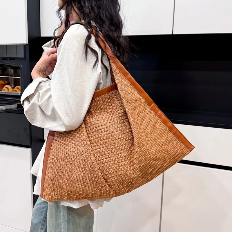 Bolsos Tote de Paja Estilo Boho para Mujer, con Ribete de Cuero en Contraste, Bolso de Playa con Estampado de Leopardo, Bolso de Hombro de Gran Capacidad para Viaje