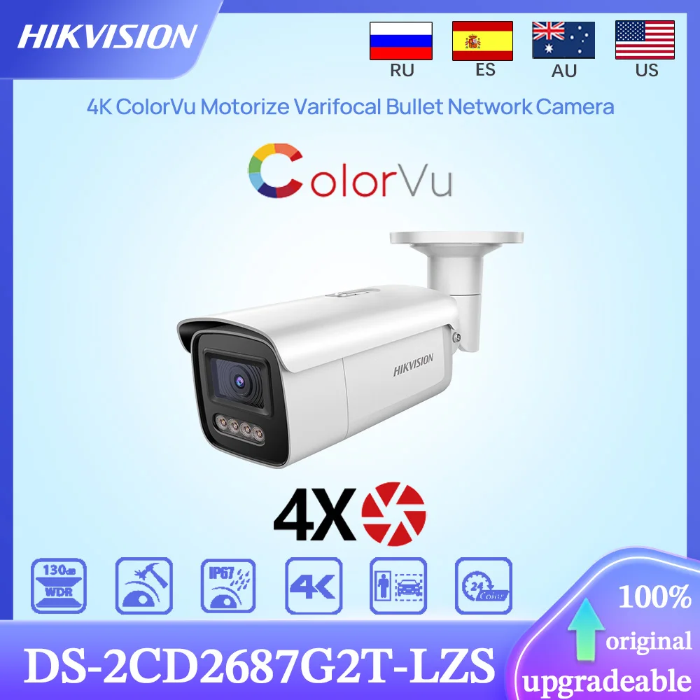 Hikvision 다초점 불릿 네트워크 IP 카메라, 인간 및 차량 분류, 4K ColorVu 4X 줌, 전동 오리지널 DS-2CD2687G2T-LZS 