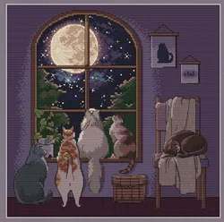 Scenery Head Embroidery Kits, Cross Stitch Kits, DIY Home Embroidery, 18-moon cats 37-37