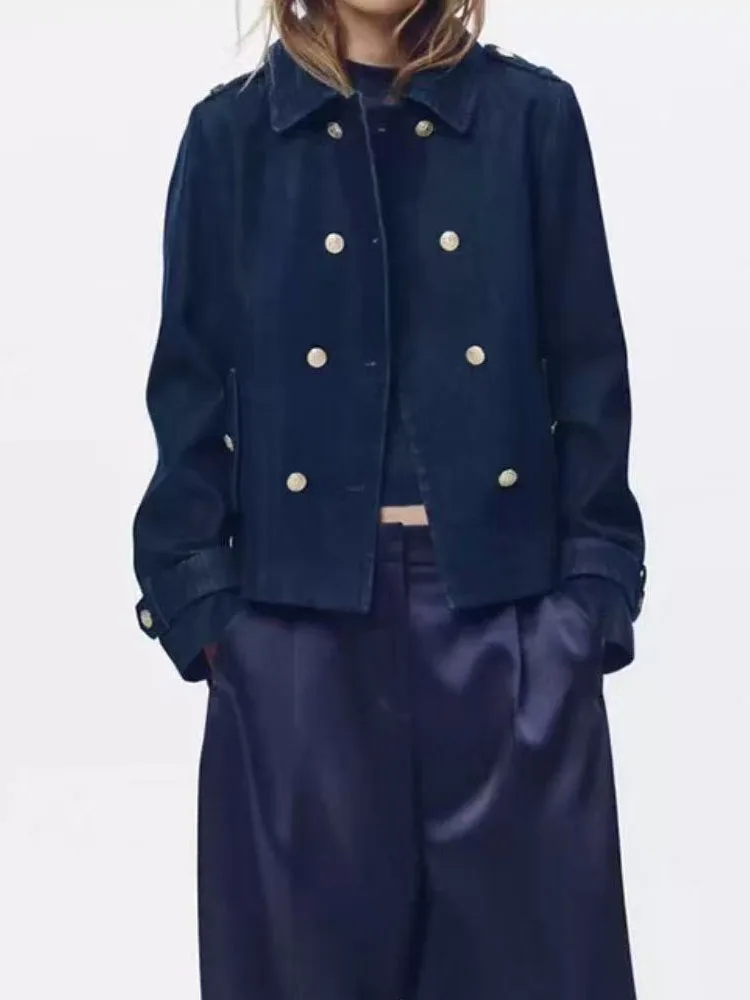 

Spring New Women's Long Sleeved Simple and Fashionable Denim Double Breasted Jacket Women's Coats Jacket Denim Women's