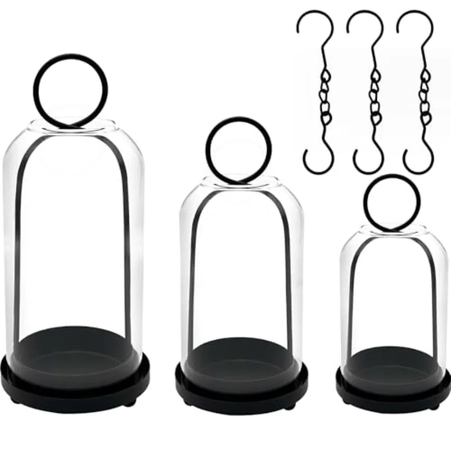 

3 Pack Metal Candle Holders with Glass Dome, 5.5" and 4.7" and 3.9" Wide Candlestick Holders Set, Versatile Hurricane Lanterns