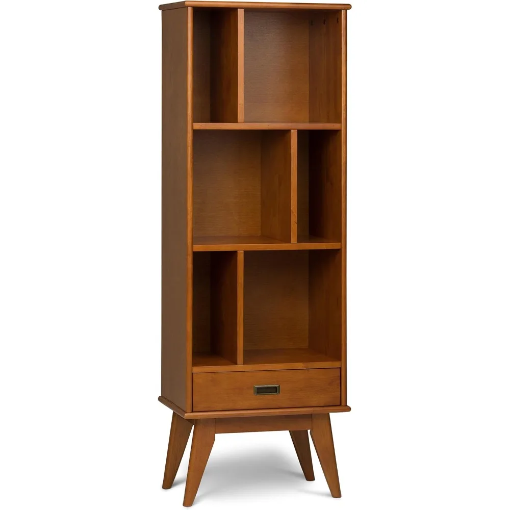 

64 Inch Tall Solid Hardwood Storage Bookshelf In Teak Brown, Mid-century Modern Storage For Living Room,