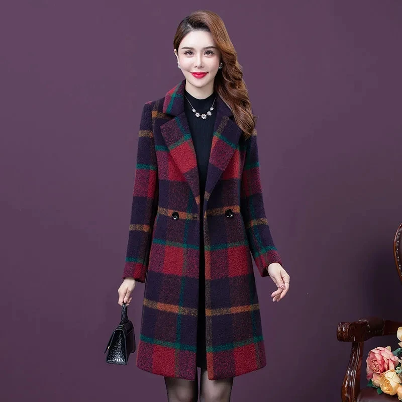 High Quality Women Woolen Coat Autumn Winter 2024 New Retro Plaid Elegant Mid-Length Slim Wool Outerwear Female Overcoat 5XL