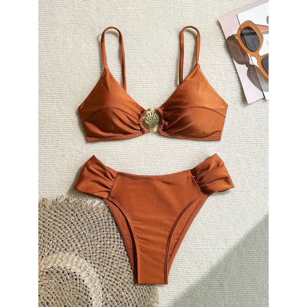 

Cikini Sexy Metal Decor High Cut Pleated Spaghetti Strap Bikini Set Solid Color Summer Beach Swimwear Bathing Suit For Women