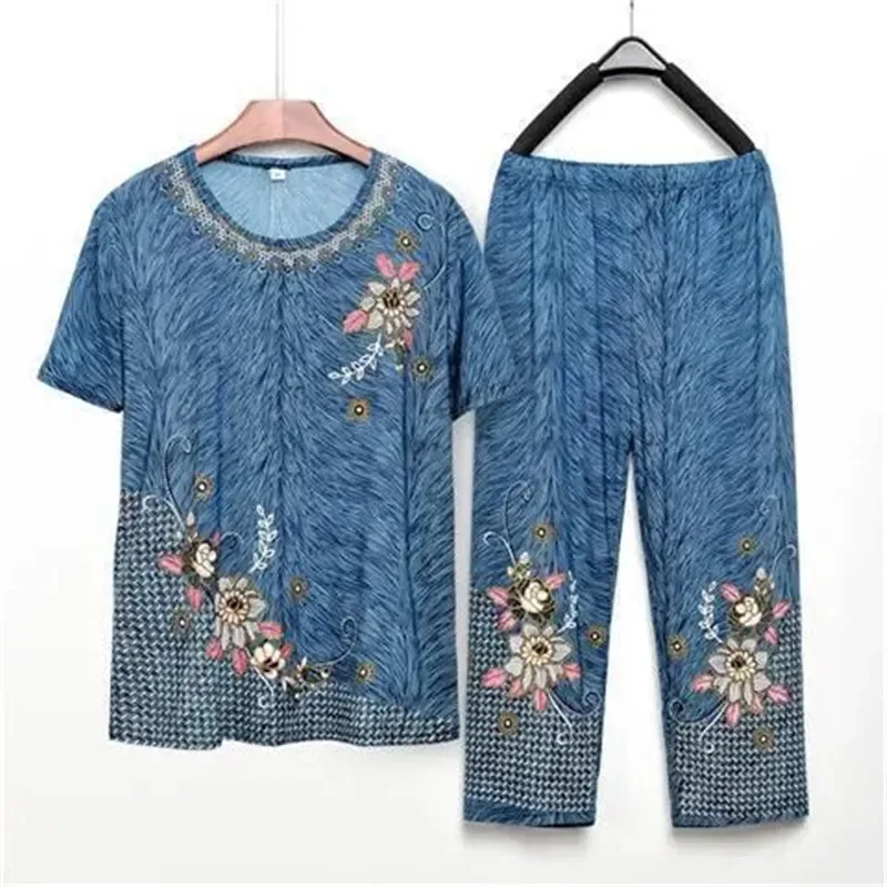 Middle-Aged Elderly Mother's Two Piece Set Female Outfit Short Sleeve Loose Breathable Top + Seven Points Pants Suit Z79