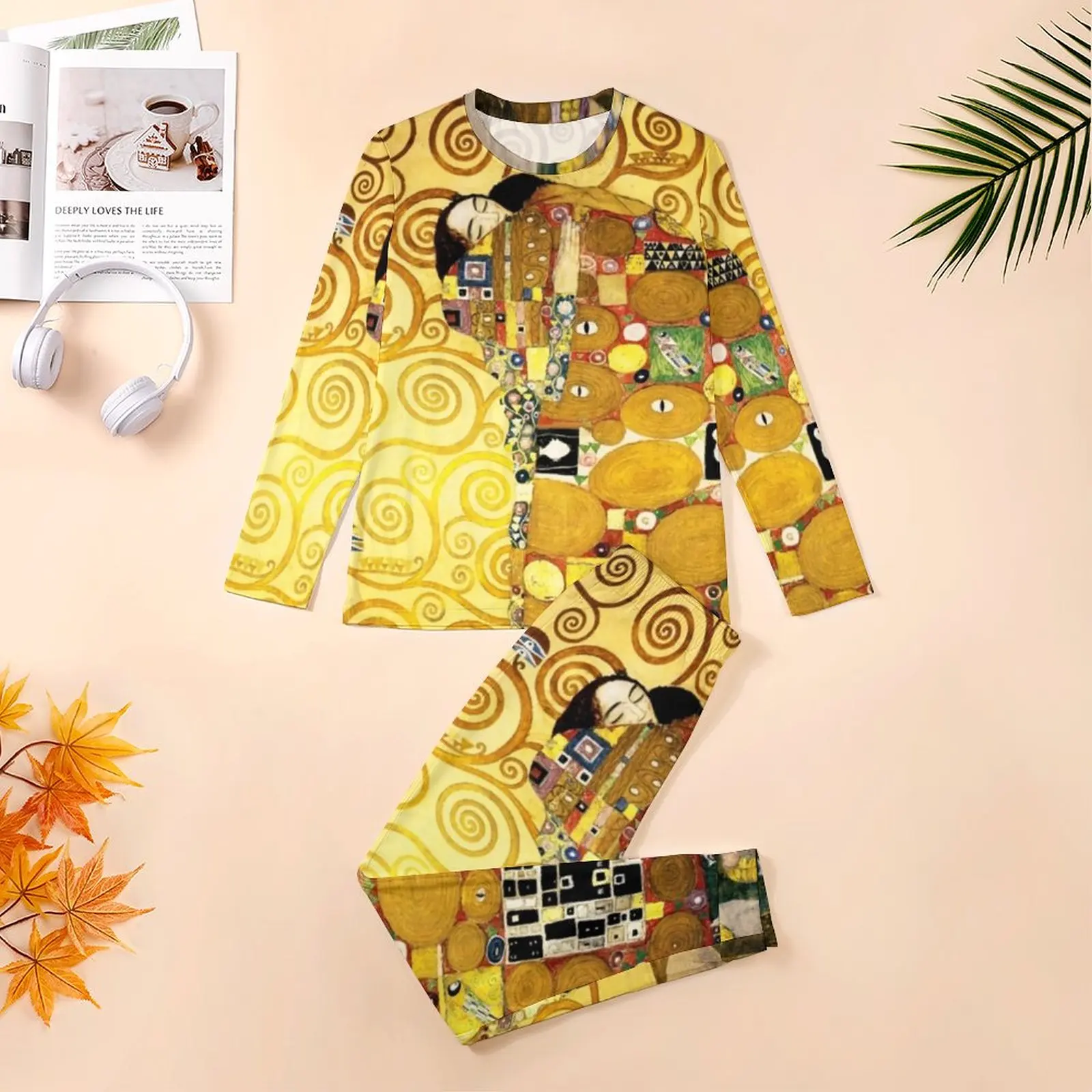 Gustav Klimt Pajamas Winter The Embrace Print Aesthetic Nightwear Men Two Piece Design Long-Sleeve Trendy Big Size Pajama Sets