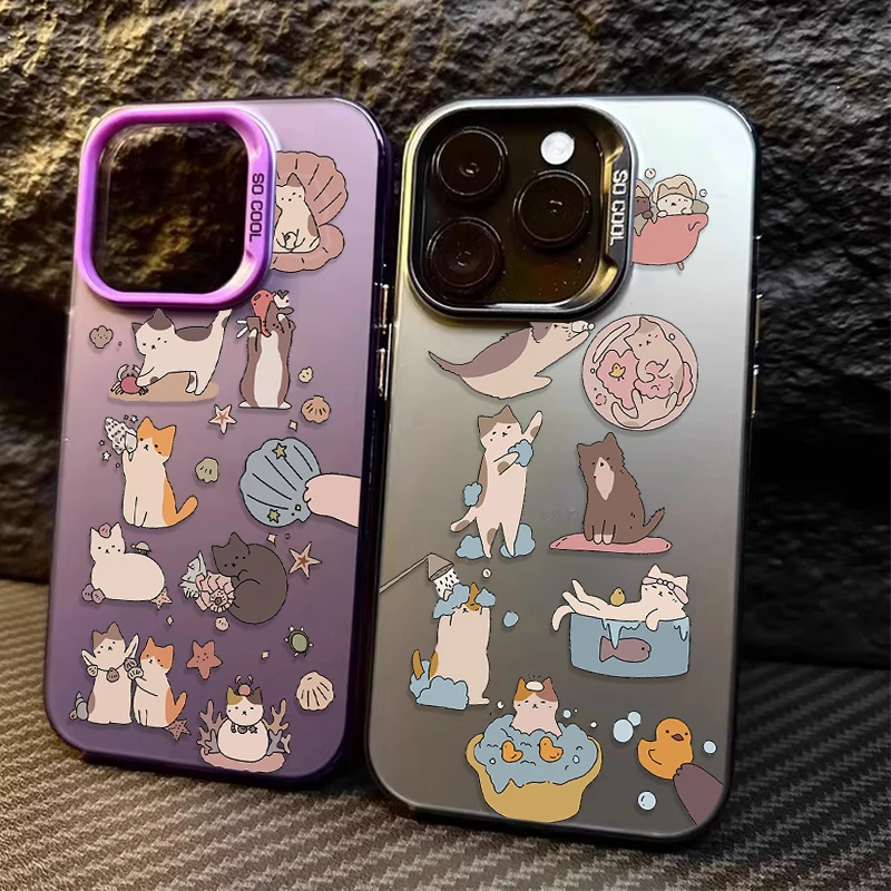 Funny Cute Doodle Cat IMD Hard Case For iPhone 16 ProMax 15 14 13 12 11 Pro Max XS X XR 16 Plus Y2K Plating PC Bumper Back Cover