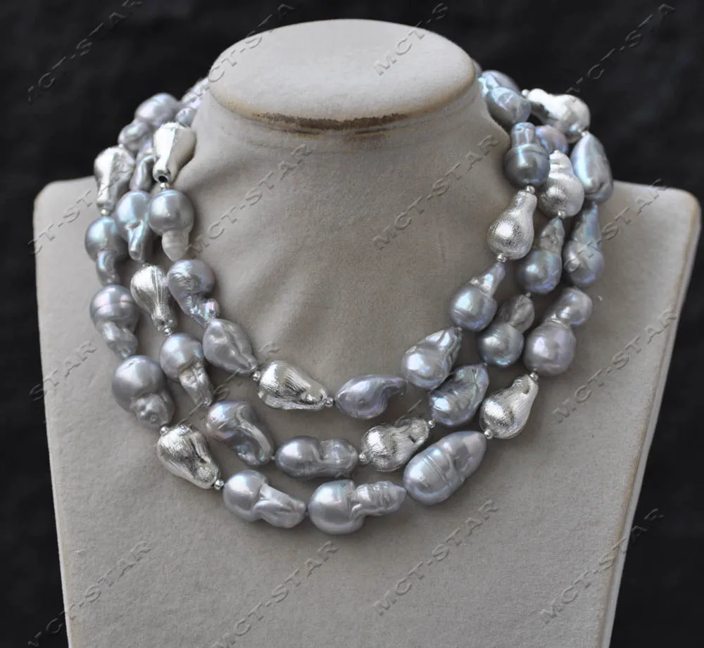 

Z13999 43'' 21mm Gray Baroque Keshi Reborn Pearl Silver Gourd Necklace Custom Jewelry
