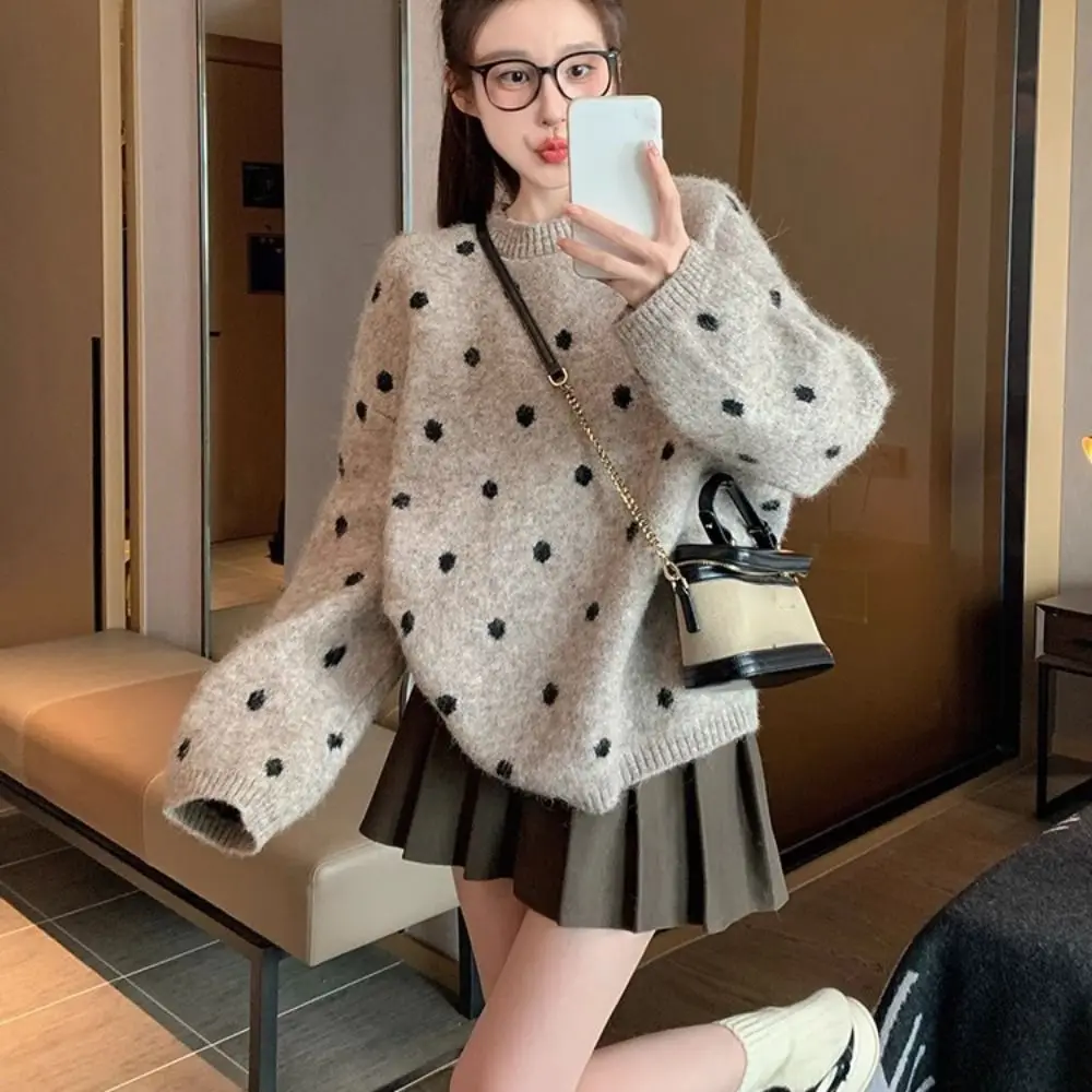 

Leisure Long Sleeve Knit Short Sweater Loose Soft Dot Crochet Knitwear Autumn Women Top Sweet Girl's Pullover Spring/Winter