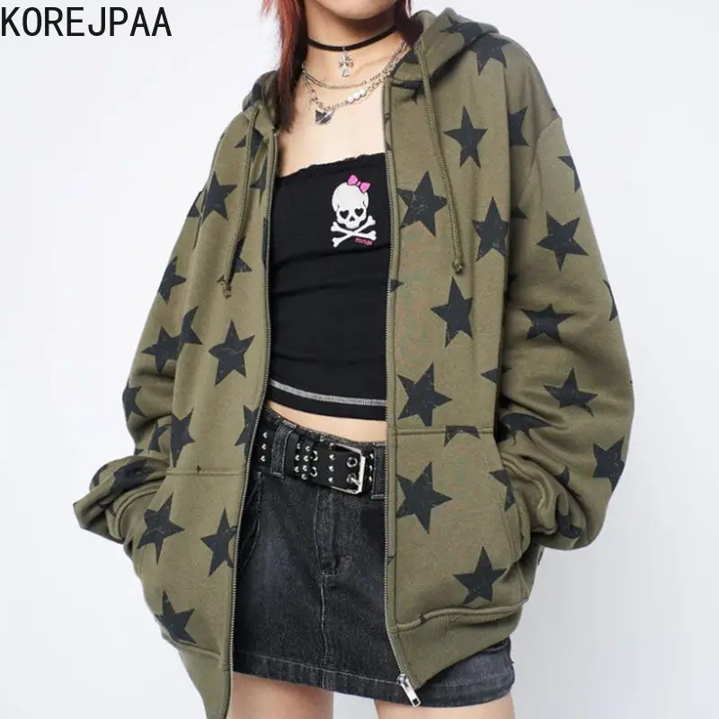 

Korejpaa Y2k Clothes Jacket Women Autumn American Retro Zipper Cute Star Printed Cardigan Green Coat Hoodie Ins Jaquetas