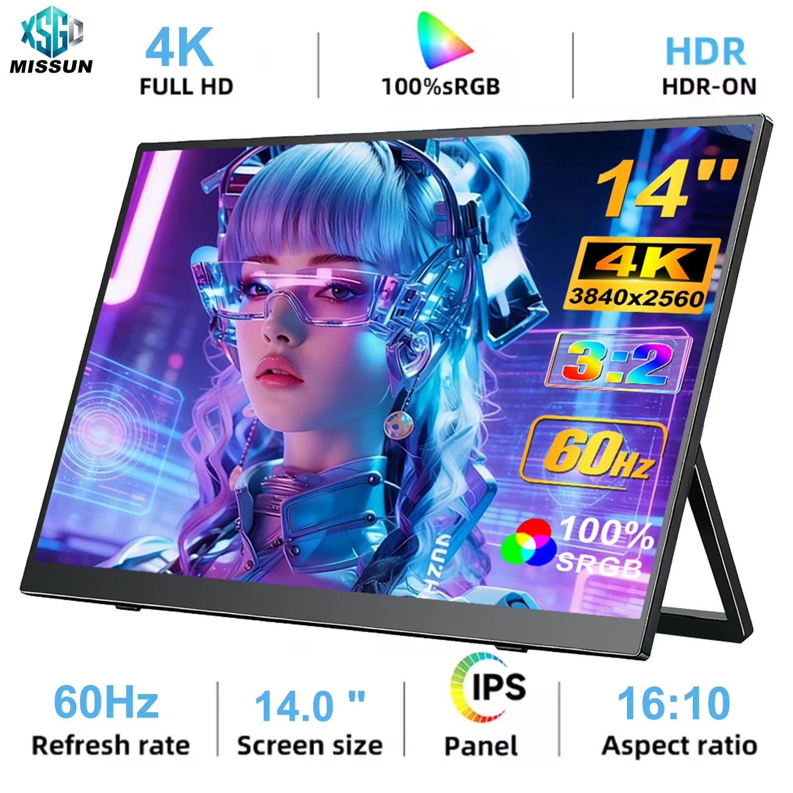 MISSUN 14" 4K UHD Portable Monitor 3:2 3840*2560P IPS USB-C HDMI External Gaming Display with DC Eyes Care for MAC PC Office