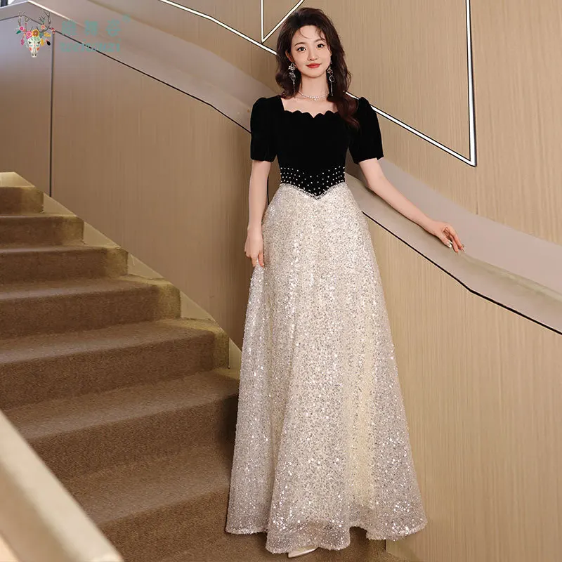 

Charming Black Shiny Sequined Elegent Square Collar Long Velvet Splice Dress Evening Party Formal Occasion Birthday Graduation