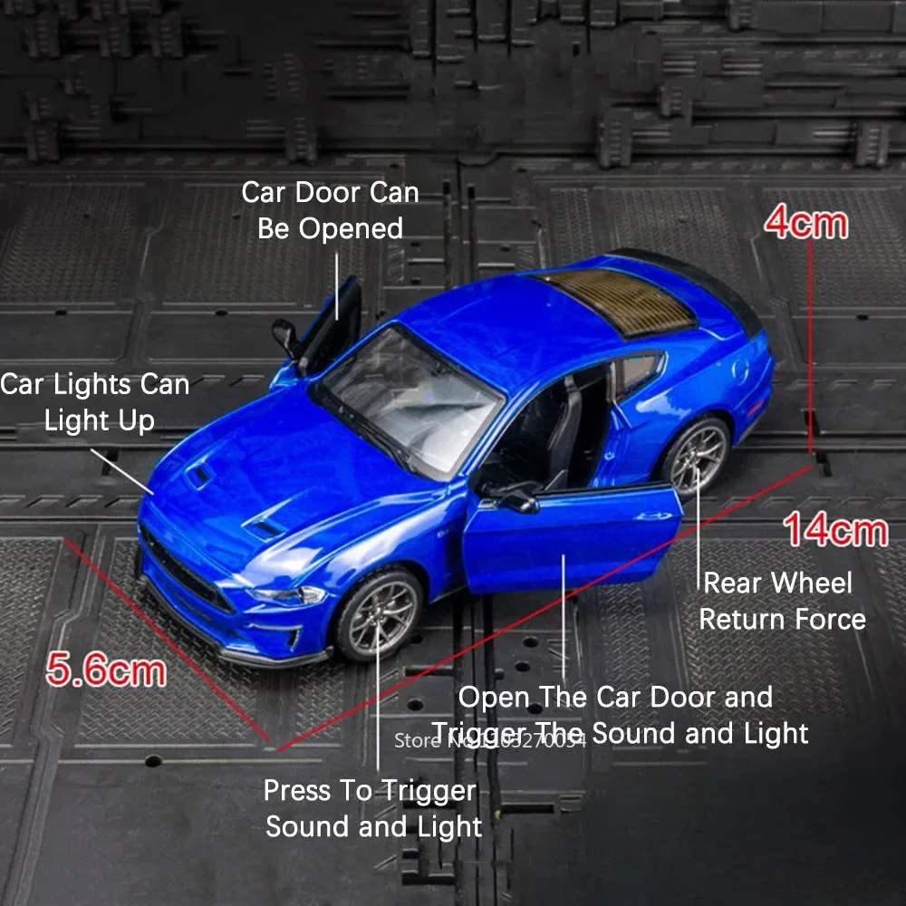 1:34 MUSTANG GT 2018 스포츠카 장난감 모델, 합금 다이캐스트 금속 바디 도어, 고무 타이어 사운드 라이트 풀백 장난감, 어린이 선물
