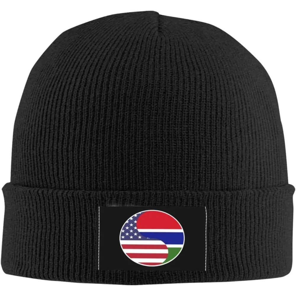 Yin Yang Flag Combination of America and The Gambia Beanie Hat for Men Women Warm Cozy Knit Skull Cap Acrylic Winter Hats