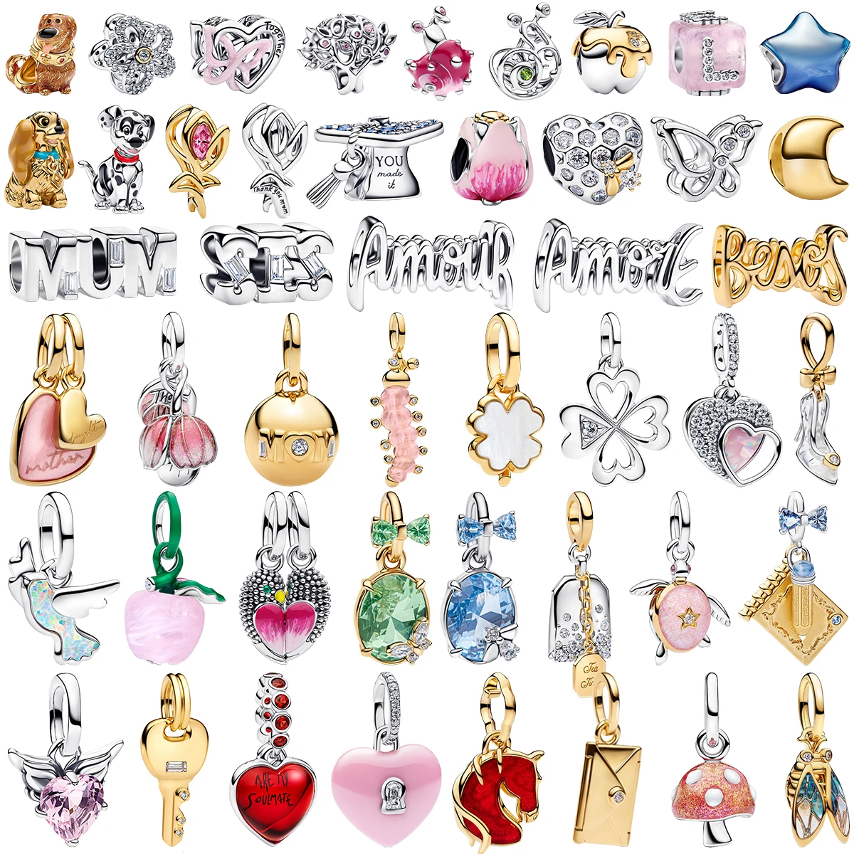 

Бусины-шармы из серебра S925 с цветочным паве, в виде улитки, собаки, тюльпана, квадратного блока, буквы, клевера, гусеницы, яблока, для браслетов и украшений