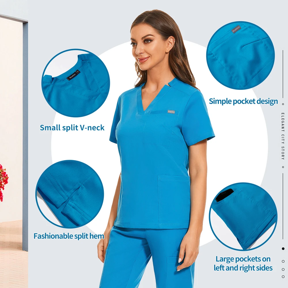 V-neck médico esfrega topos casual blusa de manga curta farmácia hospital geral feminino esfrega roupas de enfermagem uniforme camisa enfermeira