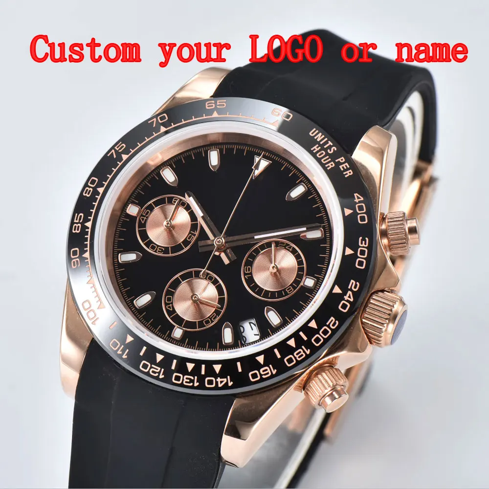 40mm 럭셔리 크로노 그래프 남자 시계 40mm 로즈 골드 케이스 사파이어 그린 빛나는 석영 남자 시계