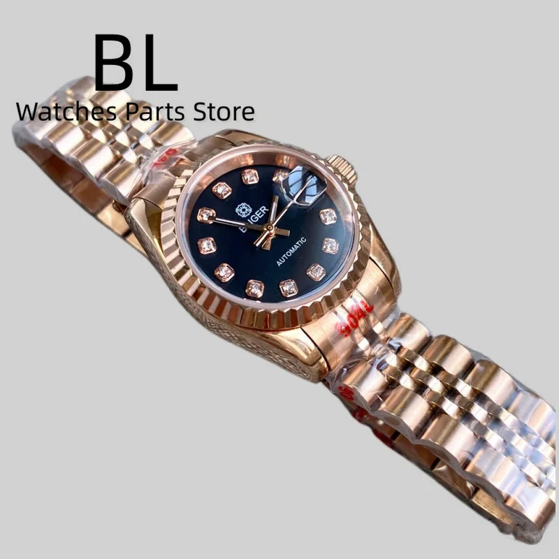 BLIGER 26mm NH05 Mechanical Lady\'s Watch Silver Rose Gold Strap Fluted Bezel Sapphire Glass Black Dial Diamond Index Waterproof
