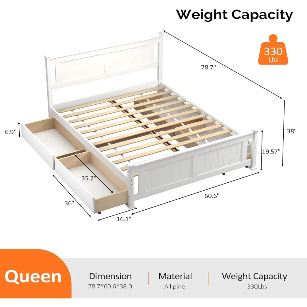 Bed Frame with Headboard, Queen Wood Platform Bed with 4 Drawers Underneath, Mattress Foundation with Wooden Slats Support