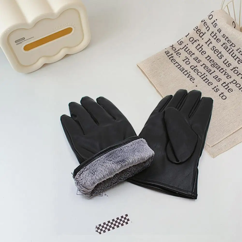 Plush Fleece Gloves Cozy Fleece-lined Gloves Windproof Men's Motor Gloves with Touch Screen Anti-slip Faux Leather for Warmth