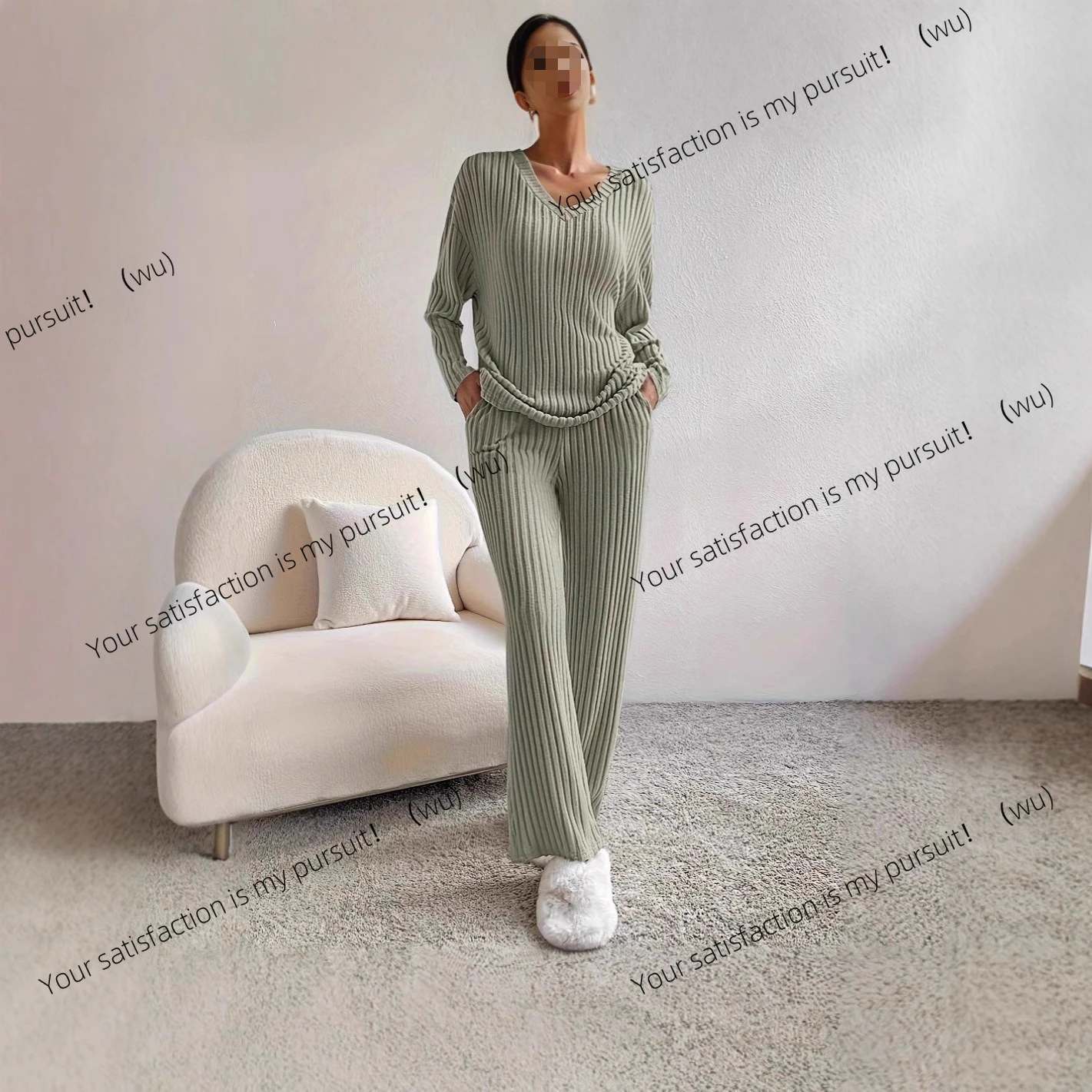 

Женские осенние новые модные повседневные прямые брюки из двух предметов, свободные вязаные полоски с v-образным вырезом