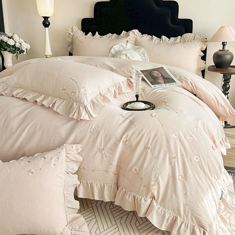 Chic Flowers Embroidery Ruffles Luxury Bedding Set 100% Cotton Duvet Cover Flat/Fitted Bed Sheet Pillowcases 4Pcs