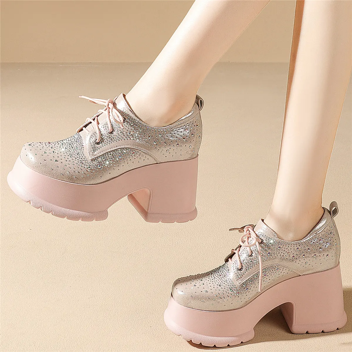 Wedding Party Rhinestones Shoes Women Lace Up Genuine Leather High Heel Pumps Female Square Toe Platform Booties Casual Shoes