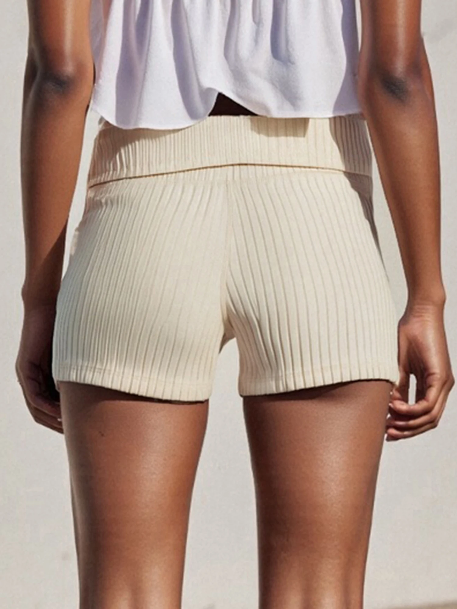 Women s Summer  Knit Shorts Solid Color Ribbed Fold Over Waist Short Pants for Yoga Daily Wear