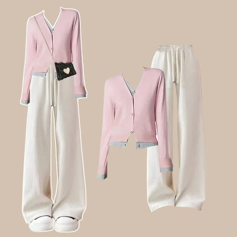 2025 ฤดูใบไม้ผลิฤดูใบไม้ร่วงผู้หญิงสง่างามสีชมพู Patchwork เสื้อกันหนาวกางเกงขากว้าง 2 ชิ้นชุดเลดี้แฟชั่น V คอถักกางเกงชุด